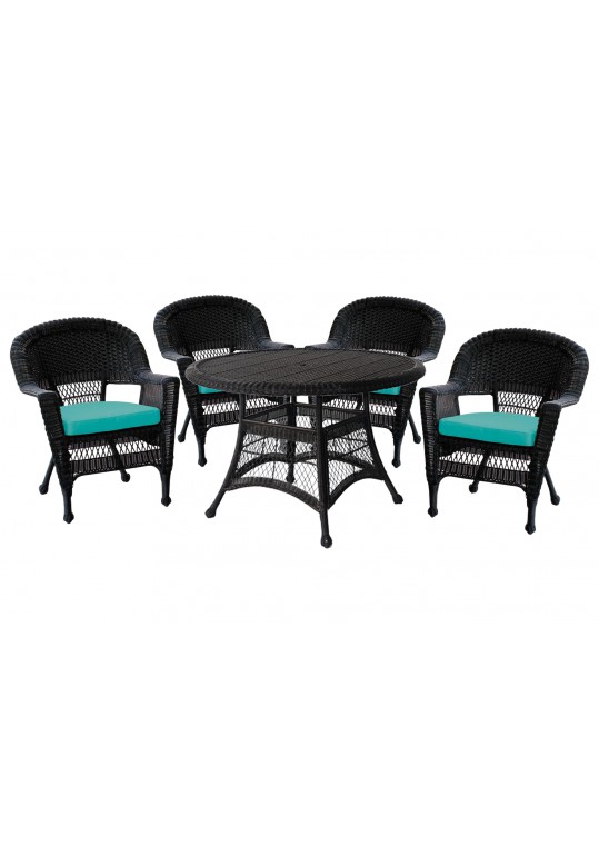 5pc Black Wicker Dining Set - Turquoise Cushions