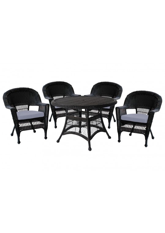 5pc Black Wicker Dining Set - Steel Blue Cushions