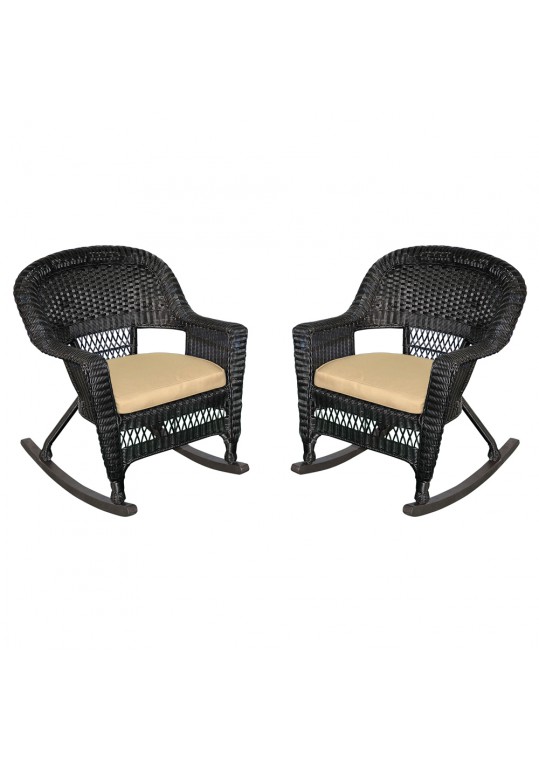 Black Rocker Wicker Chair with Tan Cushion - Set of 2