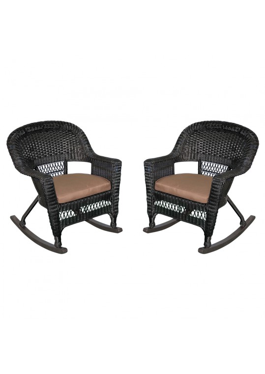 Black Rocker Wicker Chair with Brown Cushion - Set of 2
