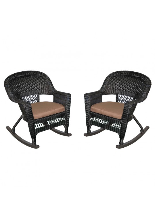 Black Rocker Wicker Chair with Brown Cushion - Set of 2