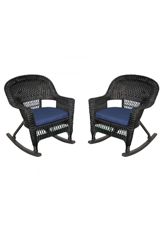 Black Rocker Wicker Chair with Midnight Blue Cushion - Set of 2