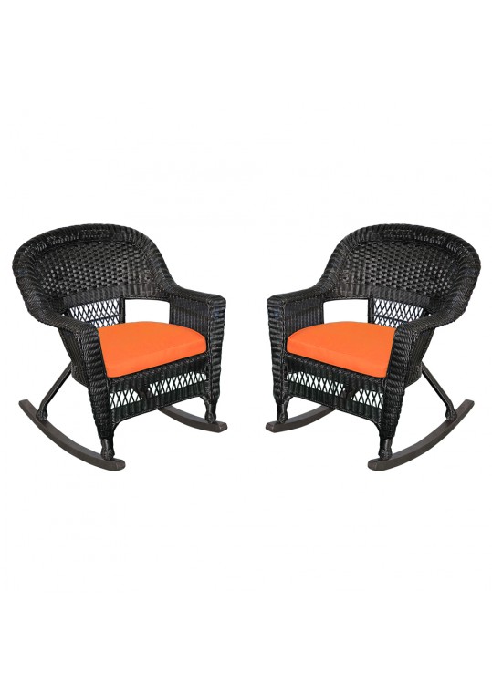 Black Rocker Wicker Chair with Orange Cushion - Set of 2