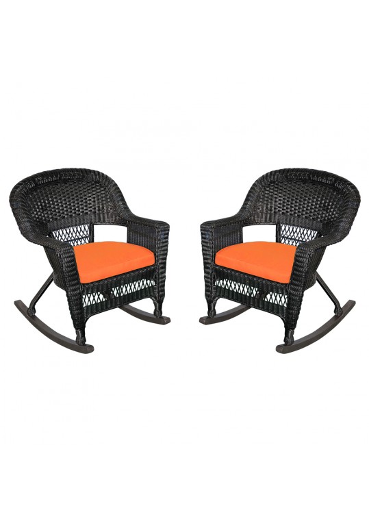 Black Rocker Wicker Chair with Orange Cushion - Set of 2