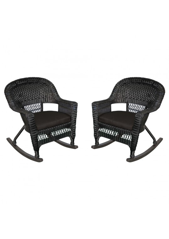 Black Rocker Wicker Chair with Black Cushion - Set of 2