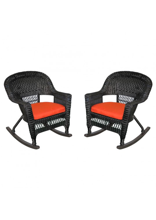 Black Rocker Wicker Chair with Brick Red Cushion - Set of 2