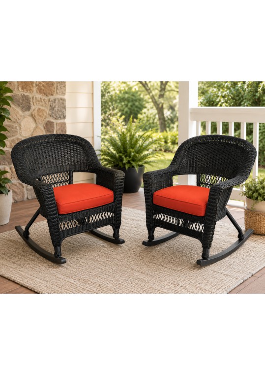 Black Rocker Wicker Chair with Brick Red Cushion - Set of 2