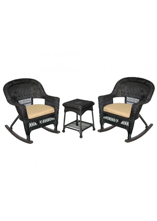 3pc Black Rocker Wicker Chair Set With Tan Cushion