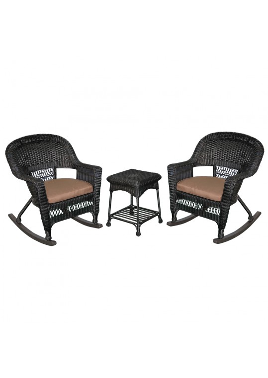 3pc Black Rocker Wicker Chair Set With Brown Cushion