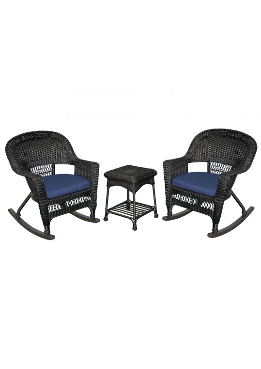 3pc Black Rocker Wicker Chair Set With Midnight Blue Cushion
