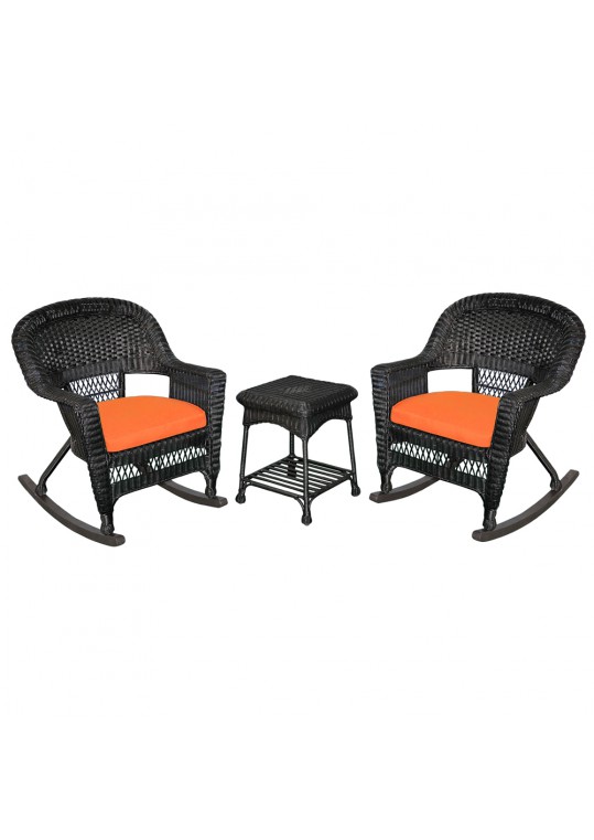 3pc Black Rocker Wicker Chair Set With Orange Cushion