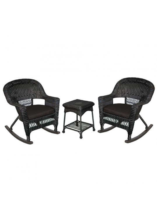 3pc Black Rocker Wicker Chair Set With Black Cushion