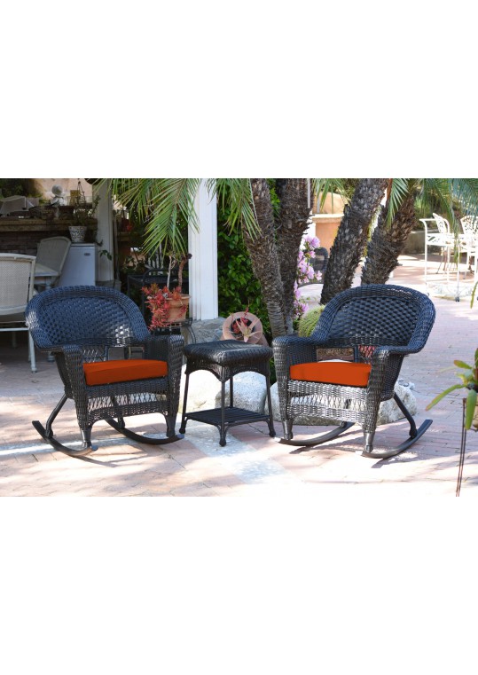 3pc Black Rocker Wicker Chair Set With Brick Red Cushion