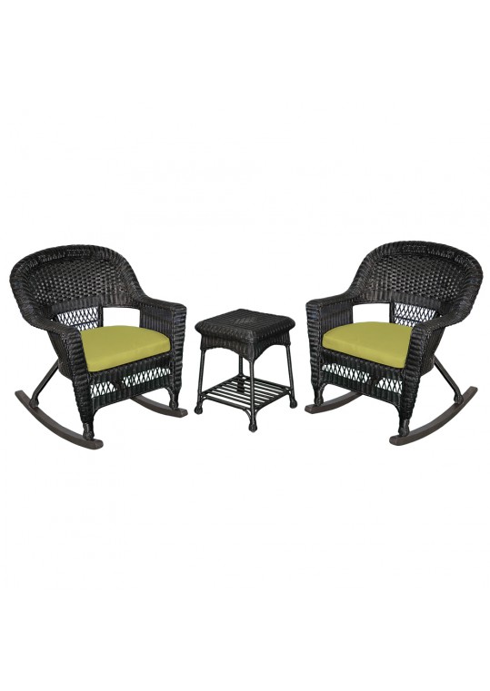 3pc Black Rocker Wicker Chair Set With Sage Green Cushion