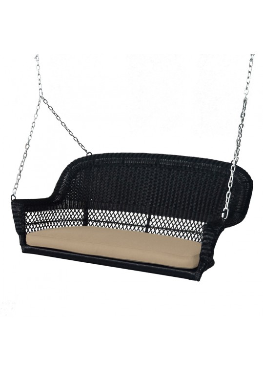 Black Resin Wicker Porch Swing with Tan Cushion