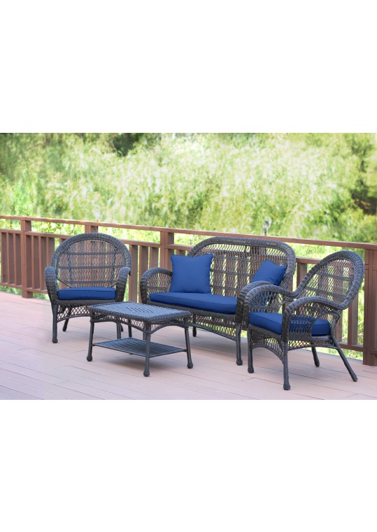 4pc Santa Maria Espresso Wicker Conversation Set - Midnight Blue Cushions