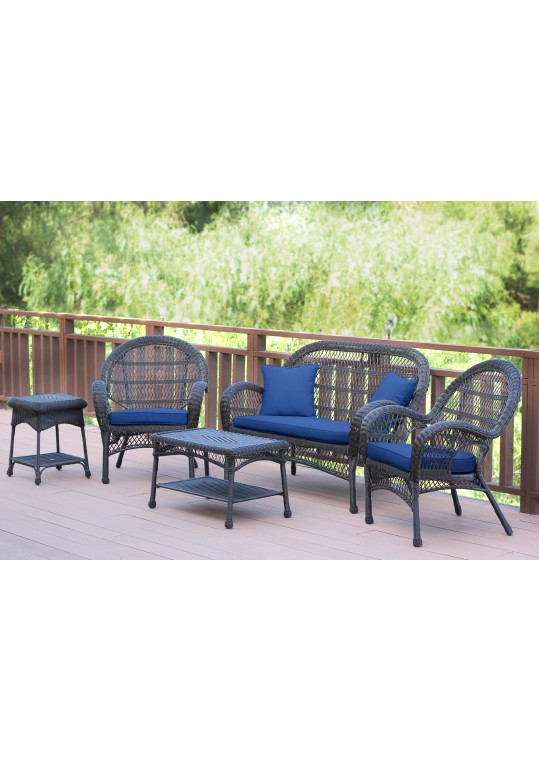 5pc Santa Maria Espresso Wicker Conversation Set - Midnight Blue Cushions