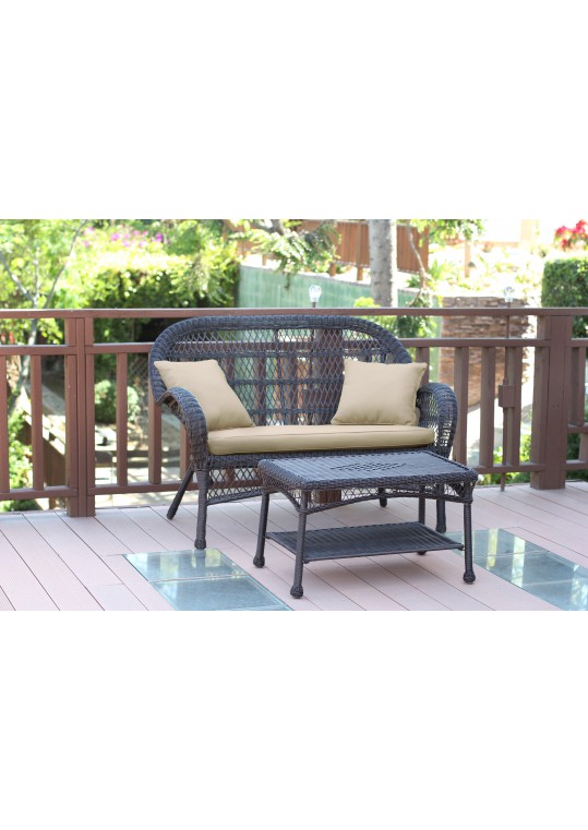 Santa Maria Espresso Wicker Patio Love Seat And Coffee Table Set - Tan Cushion