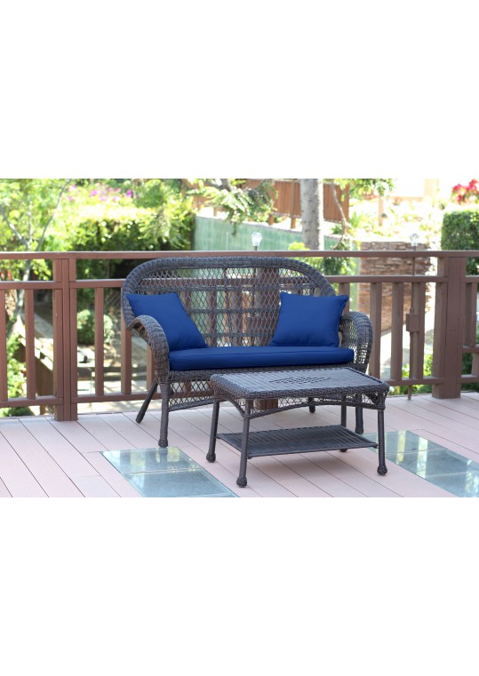 Santa Maria Espresso Wicker Patio Love Seat And Coffee Table Set - Midnight Blue Cushion