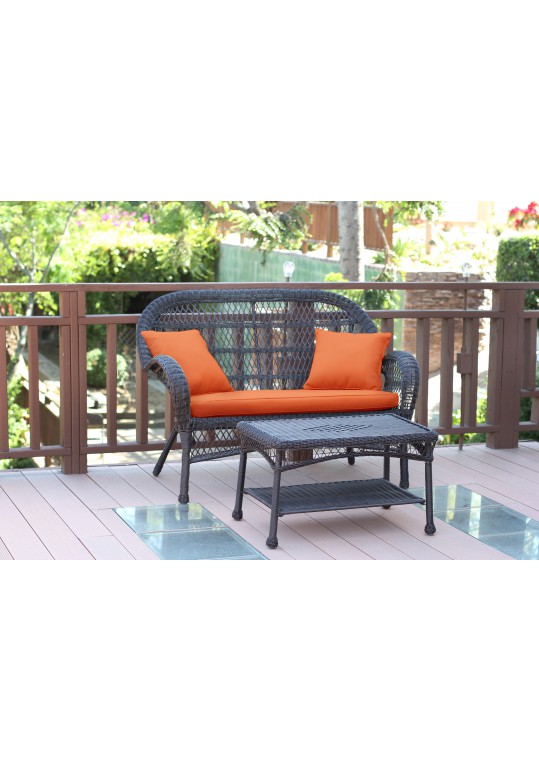 Santa Maria Espresso Wicker Patio Love Seat And Coffee Table Set - Orange Cushion