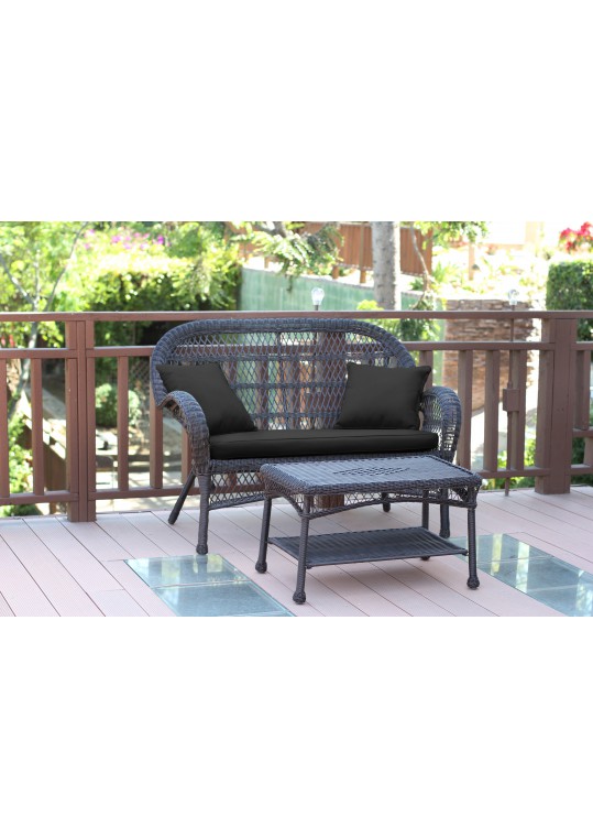 Santa Maria Espresso Wicker Patio Love Seat And Coffee Table Set - Black Cushion