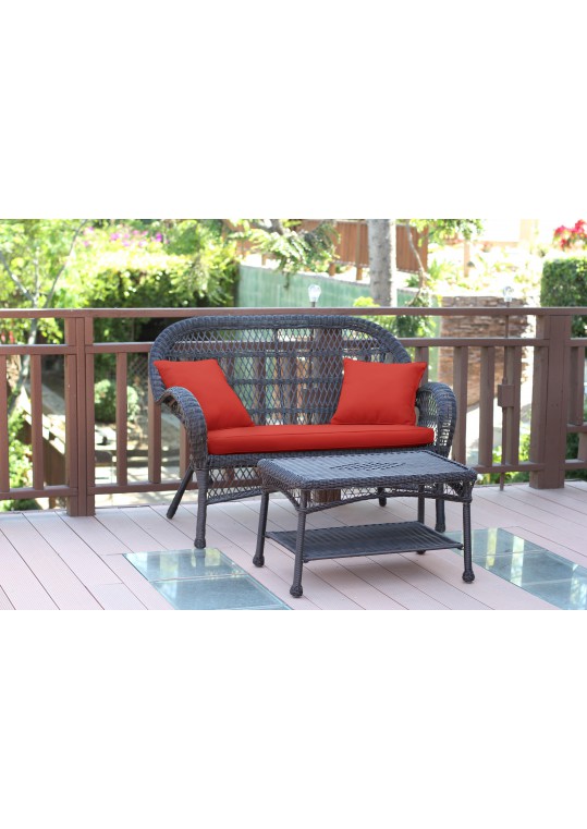 Santa Maria Espresso Wicker Patio Love Seat And Coffee Table Set - Brick Red Cushions