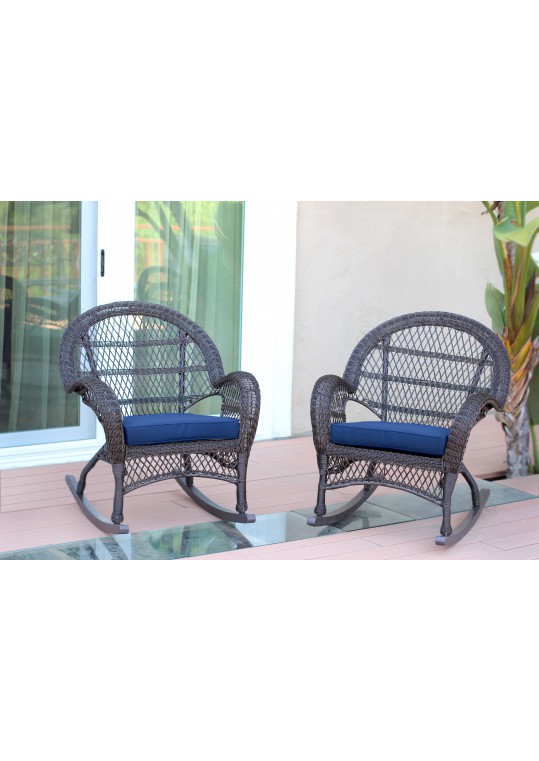 Santa Maria Espresso Wicker Rocker Chair with Midnight Blue Cushion - Set of 2