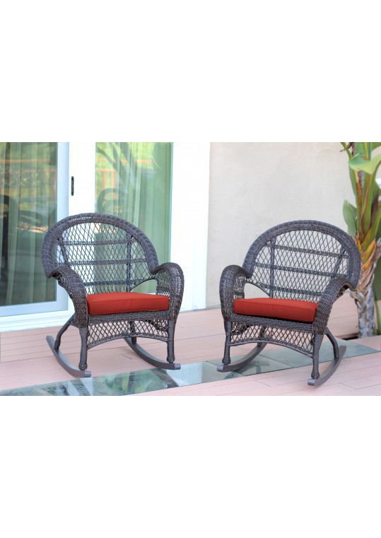 Santa Maria Espresso Wicker Rocker Chair with Brick Red Cushion - Set of 2
