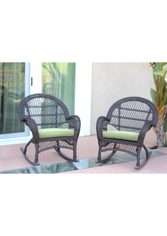 Santa Maria Espresso Wicker Rocker Chair with Sage Green Cushion - Set of 2