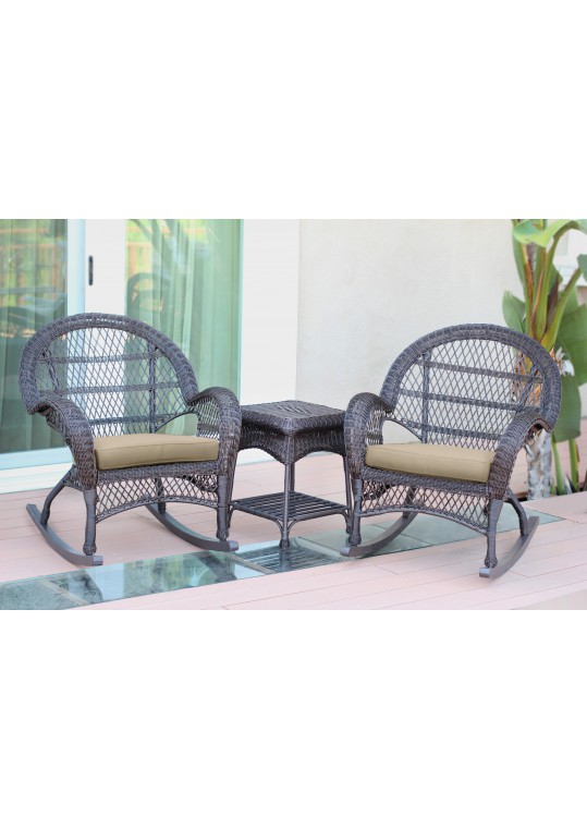 3pc Santa Maria Espresso Rocker Wicker Chair Set - Tan Cushions