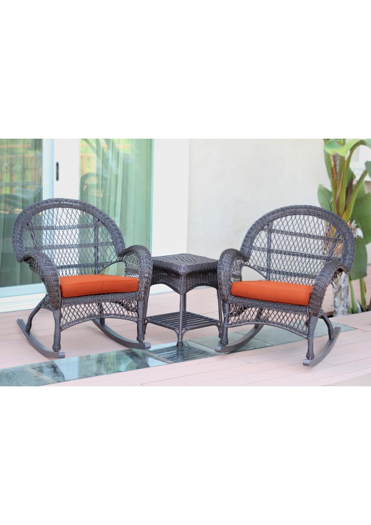3pc Santa Maria Espresso Rocker Wicker Chair Set - Orange Cushions