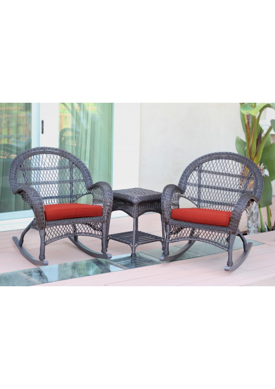3pc Santa Maria Espresso Rocker Wicker Chair Set - Brick Red Cushions
