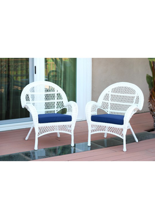 Santa Maria White Wicker Chair with Midnight Blue Cushion - Set of 2