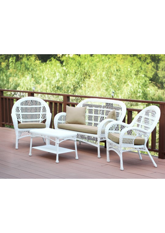 4pc Santa Maria White Wicker Conversation Set - Tan Cushions