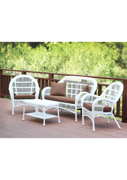 4pc Santa Maria White Wicker Conversation Set - Brown Cushions