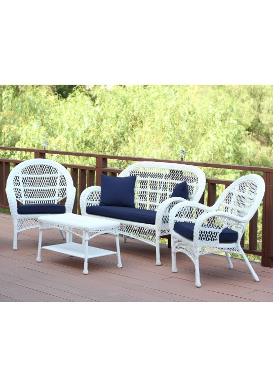 4pc Santa Maria White Wicker Conversation Set - Midnight Blue Cushions
