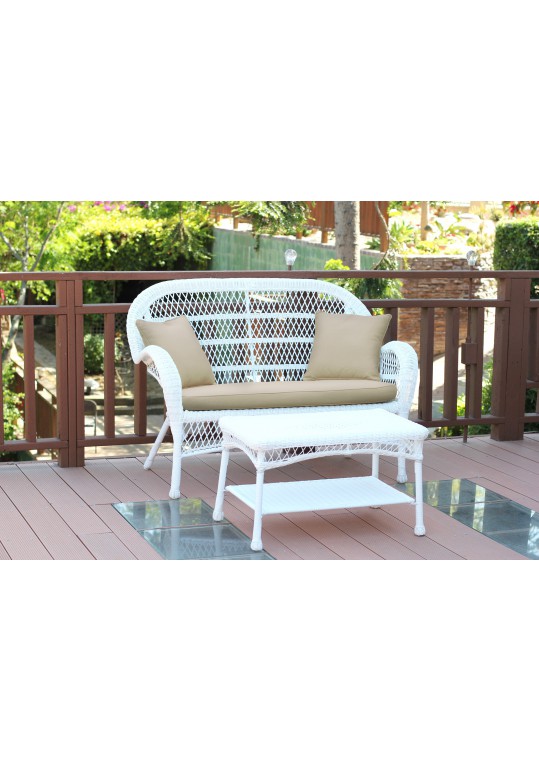Santa Maria White Wicker Patio Love Seat And Coffee Table Set - Tan Cushion