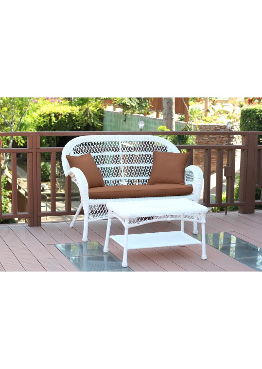 Santa Maria White Wicker Patio Love Seat And Coffee Table Set - Brown Cushion