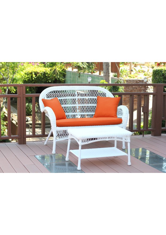 Santa Maria White Wicker Patio Love Seat And Coffee Table Set - Orange Cushion