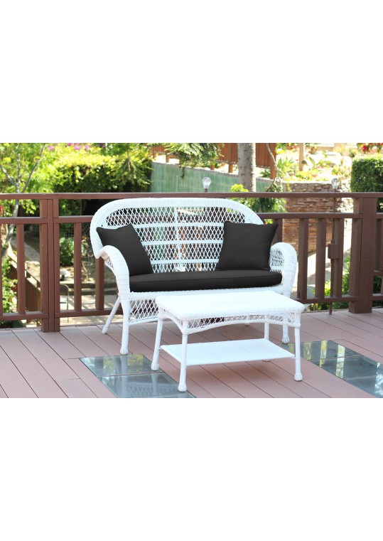 Santa Maria White Wicker Patio Love Seat And Coffee Table Set - Black Cushion