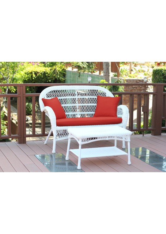 Santa Maria White Wicker Patio Love Seat And Coffee Table Set - Brick Red Cushion