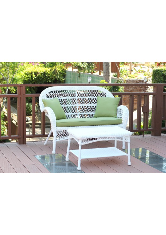 Santa Maria White Wicker Patio Love Seat And Coffee Table Set - Sage Green Cushion