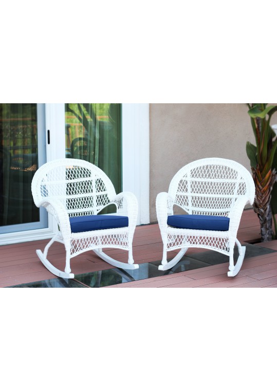 Santa Maria White Wicker Rocker Chair with Midnight Blue Cushion - Set of 2
