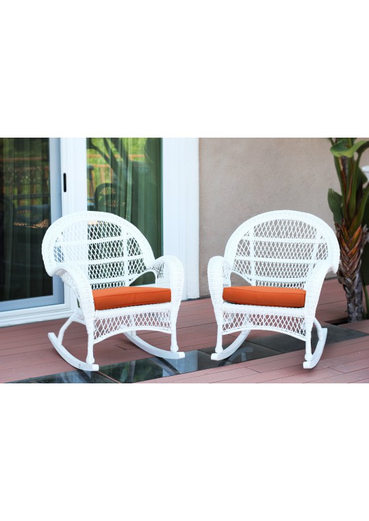 Santa Maria White Wicker Rocker Chair with Orange Cushion - Set of 2