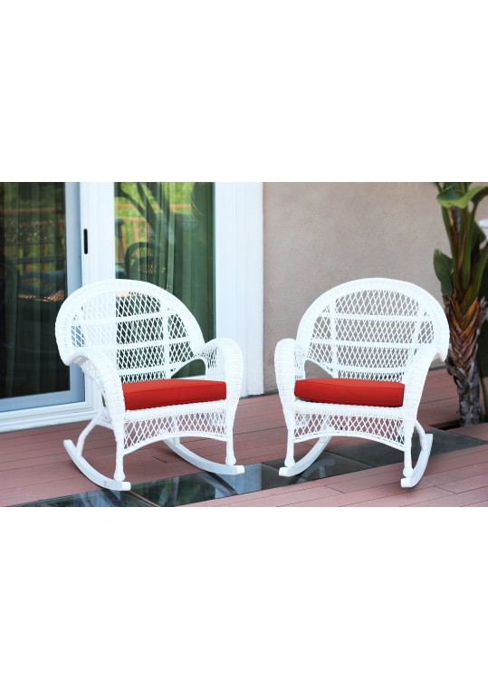 Santa Maria White Wicker Rocker Chair with Brick Red Cushion - Set of 2