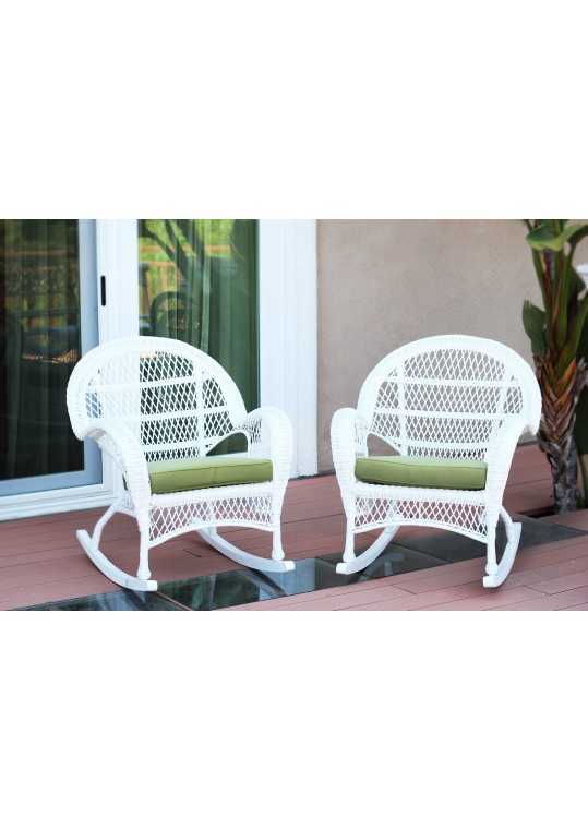 Santa Maria White Wicker Rocker Chair with Sage Green Cushion - Set of 2