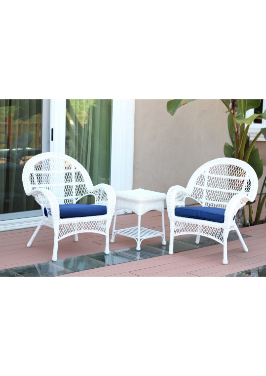 3pc Santa Maria White Wicker Chair Set - Midnight Blue Cushions