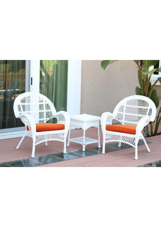 3pc Santa Maria White Wicker Chair Set - Orange Cushions