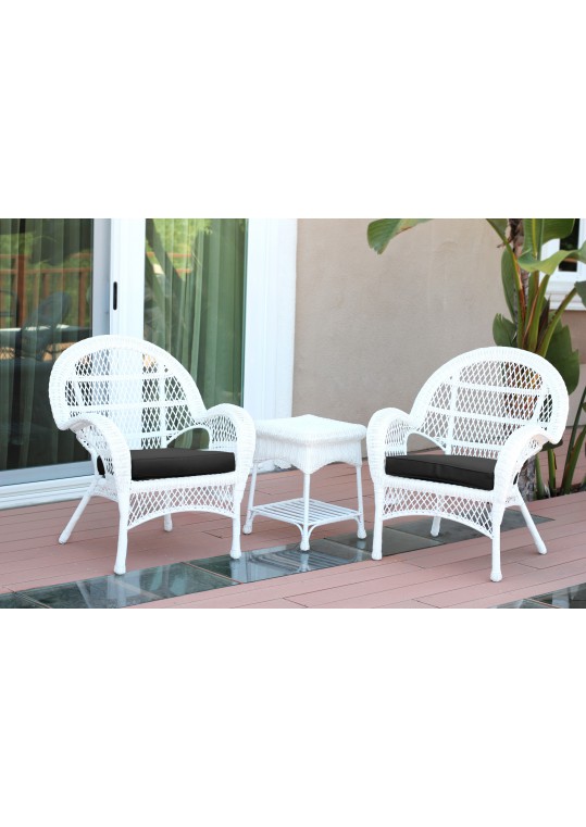 3pc Santa Maria White Wicker Chair Set - Black Cushions