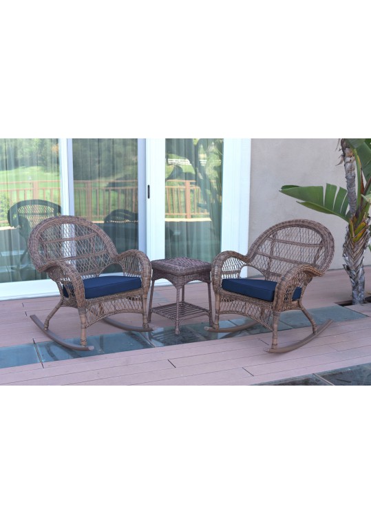 3pc Santa Maria Honey Rocker Wicker Chair Set - Midnight Blue Cushions